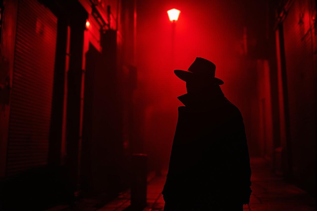 深夜街头狗仔偷拍场景，神秘氛围浓厚