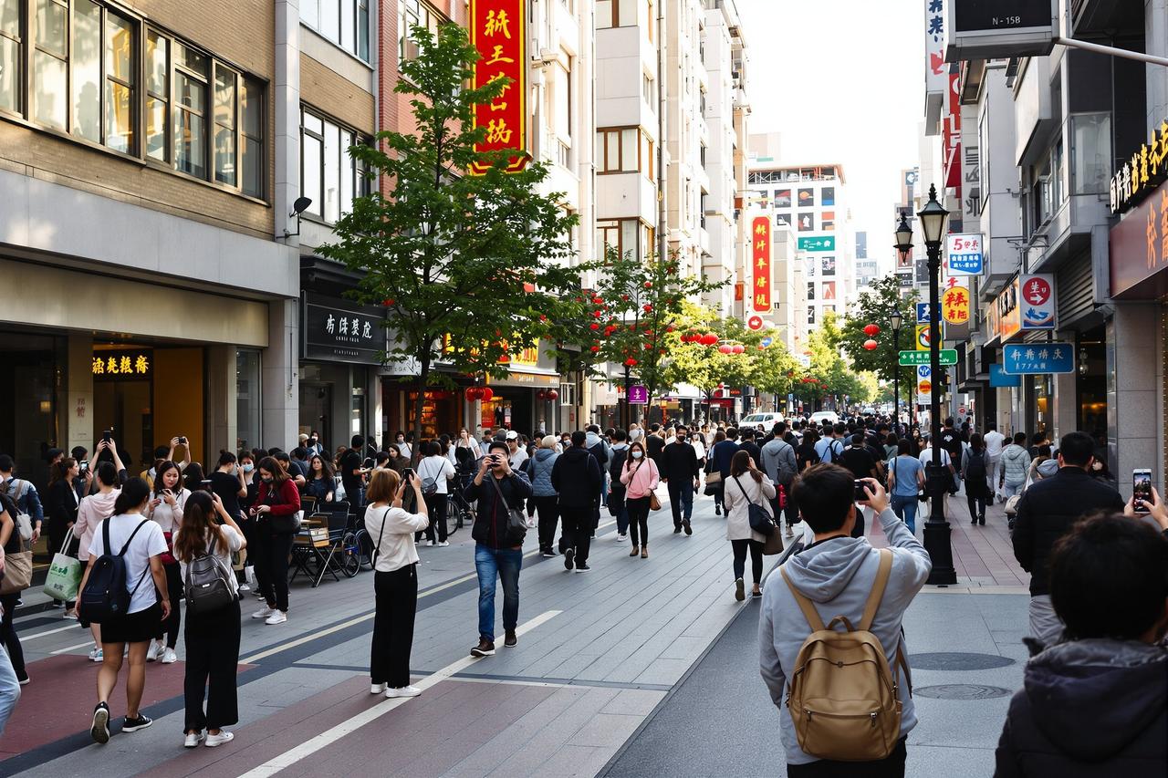 城市街头游客拍照场景，网红打卡地与冷清区域对比